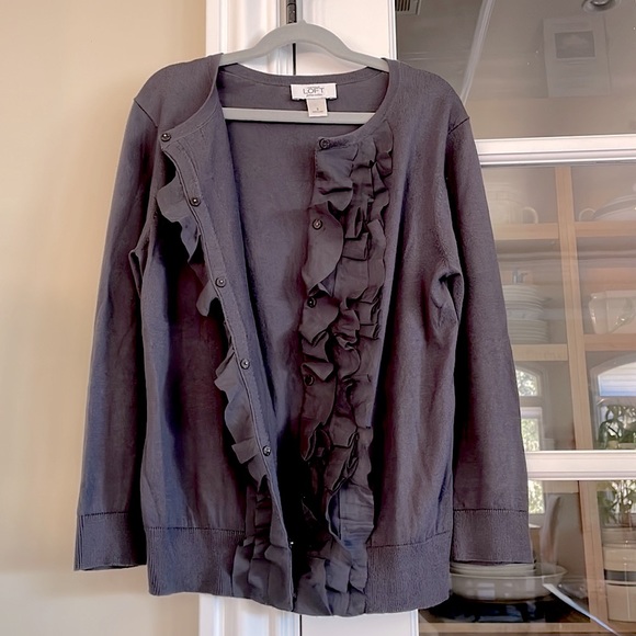 Ann Taylor Loft Ruffled Front Cardigan, Gray, Size Small - Picture 2 of 8